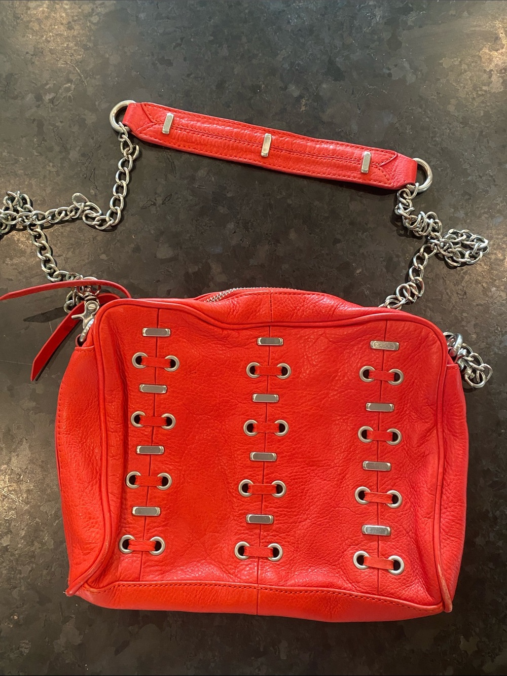 Kelsi Dagger Red Leather Chain-Detail Shoulder Bag